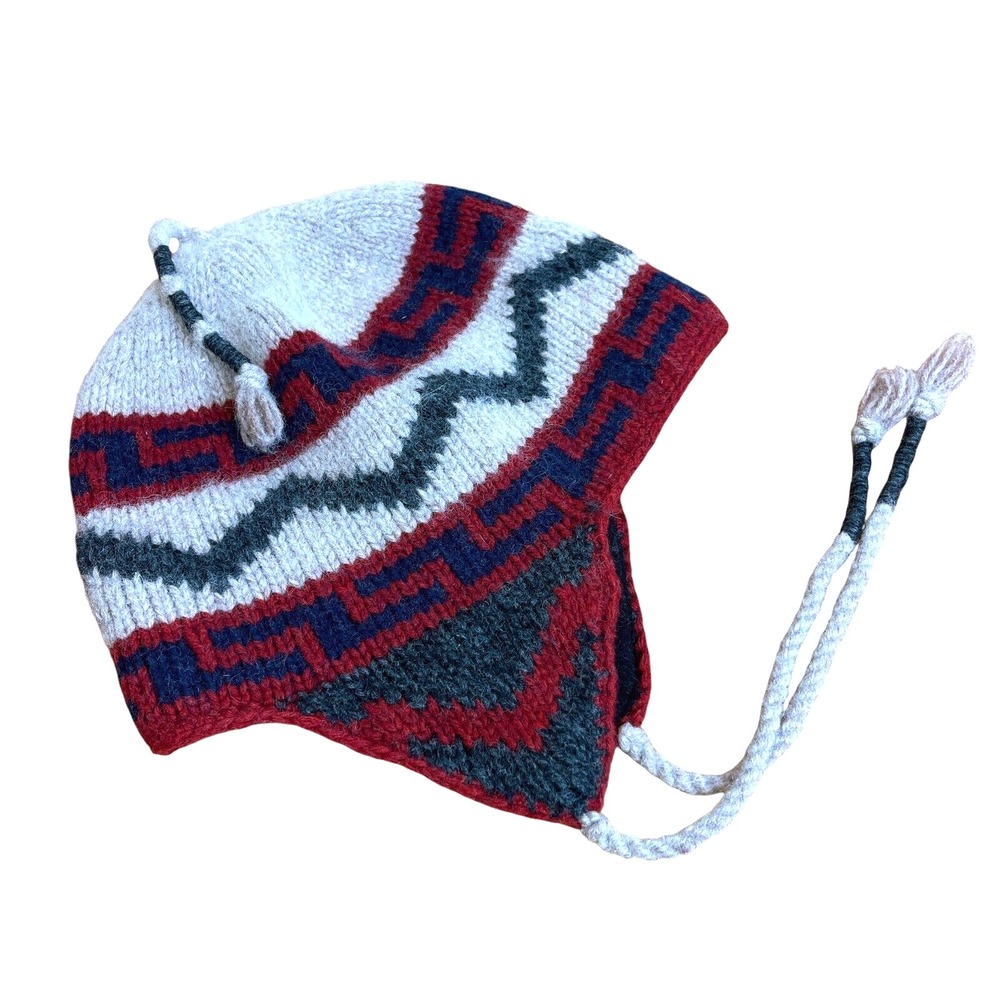 Geometric Southwestern Beanie Hat Ear Flaps Tassel Wool Blend Cap Nordic Tied